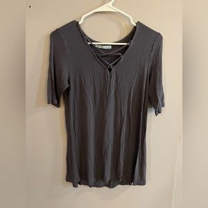 Gray Maurice’s 3/4 sleeve tee with cross cross front